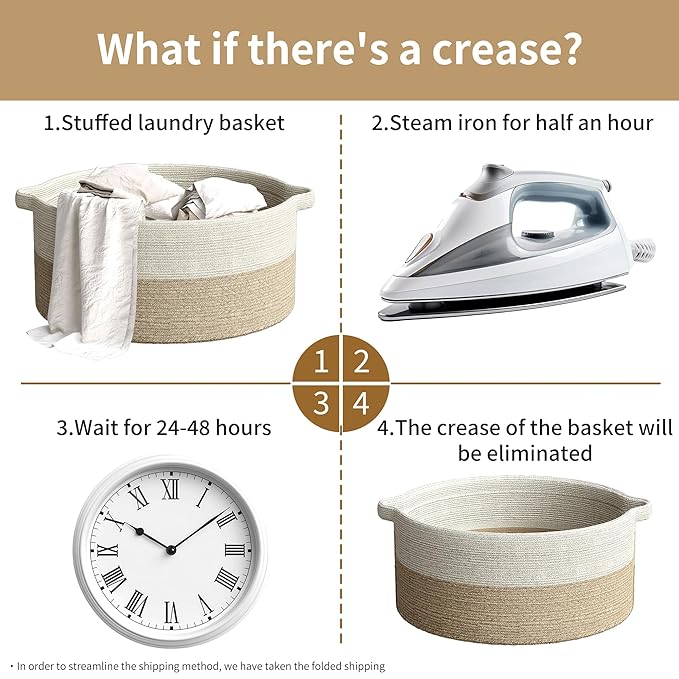 125L Extra Large Blanket Basket, 25" x 16", Jumbo Laundry Woven Baskets Decorative Home, Cotton Rope Basket with Handles, Baby Toy Baskets for Storage, White & Brown,2PC