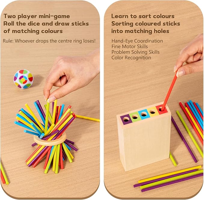 Montessori Toys for 3 Year Old Fine Motor Skills Toys for 5 Year Old Wooden Board Game - Educational Toys with Colorful Sticks, Dice & Stones, Family Game Gifts for Age 4 5 6 7 8 Boys Girls