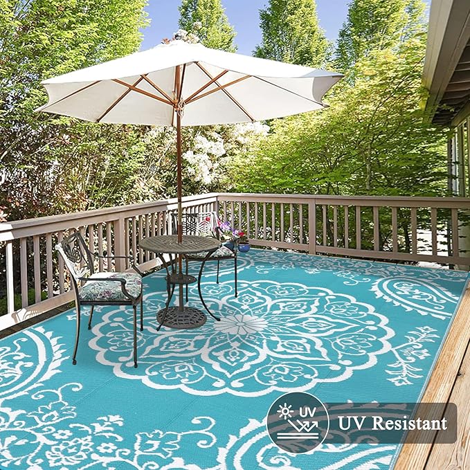 Pauwer Waterproof Outdoor Rug 9x12, Reversible Plastic Straw Patio Camping Rug, Indoor Outdoor RV Mat Carpet for Deck, Camper, Porch, Balcony, Backyard, Picnic, Boho Teal