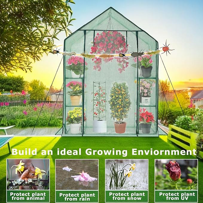 Walk-in Greenhouse for Outdoors w/ Mesh Side Windows, 3 Tiers 6 Shelves PE Cover Green House Portable Warm House for Seedling Flowers Growing 20 Pcs T-Type Plant Tags Include (GHW001G)