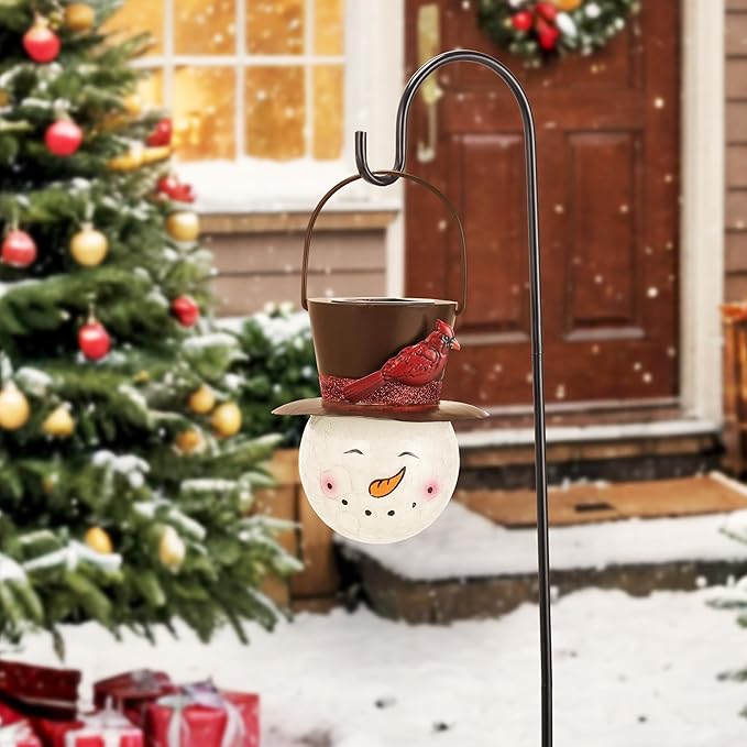 TERESA'S COLLECTIONS Outdoor Christmas Decorations for House, 36'' Snowman Glass Solar Lantern Stake with Brown Cardinal Hat, Xmas Grinch Solar Christmas Lights for Garden Party Decor