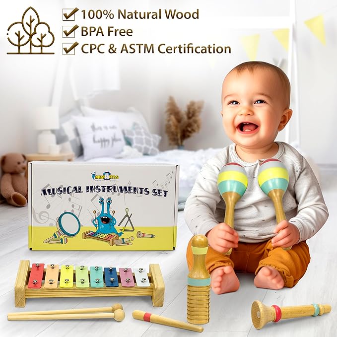 MINIARTIS Baby Musical Instruments Set - Montessori Musical Toys for Toddlers 1-3 | Modern Boho Kids Xylophone with Songbook | Neutral Colors Wooden Percussion Instruments | Preschool Educational 3+