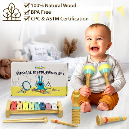 MINIARTIS Baby Musical Instruments Set - Montessori Musical Toys for Toddlers 1-3 | Modern Boho Kids Xylophone with Songbook | Neutral Colors Wooden Percussion Instruments | Preschool Educational 3+