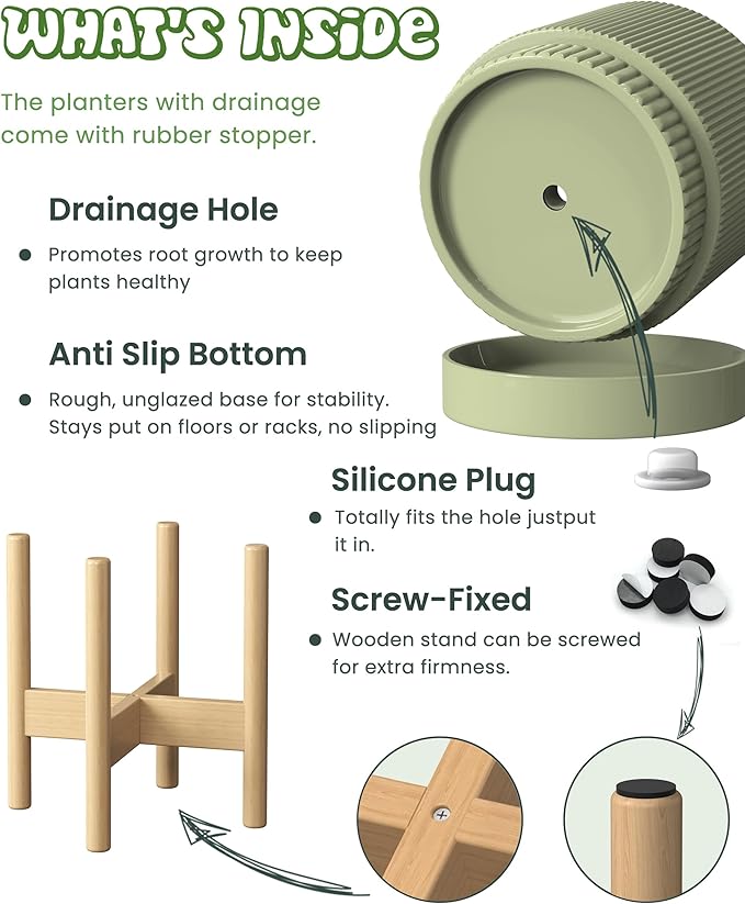 Ceramic Planter Pots Indoor with Drainage Hole & Saucer,Including Stand,7.3 Inch Mid-Century Modern Cylinder Plant Pot for Snake Flower Leaf Green