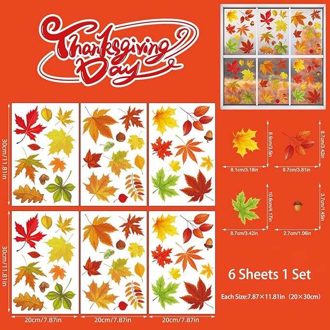 6 Sheets Fall Leaves Window Clings for Glass Windows Double-Side Autumn Window Clings Maple Leaves Pinecone Designs Thanksgiving Clings for Glass Windows Stickers for Home Office School Glass Decor