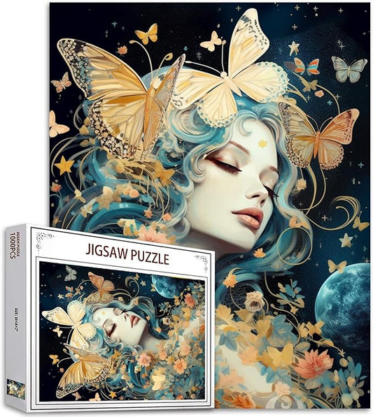 Tucocoo Butterfly Woman Jigsaw Puzzle 1000 Pieces Puzzles for Adults, Fantasy Moon Stars Creative Style Jigsaw Puzzles for Challenging Family Activity Games Colorful DIY Puzzle for Home Decor Gifts