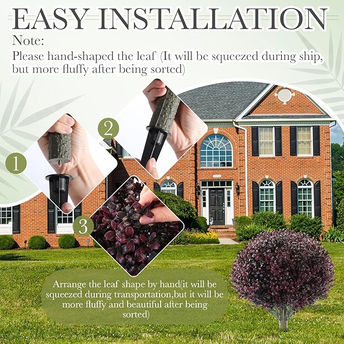 Yunlly 4 Pack 18" Artificial Boxwood Ball Bush Topiary Trees Fake Outdoor Plants, Realistic UV Resistance Faux Shrubs with Spike Greenery Topiary for Front Porch Garden Yard Patio Indoor (Dark Purple)