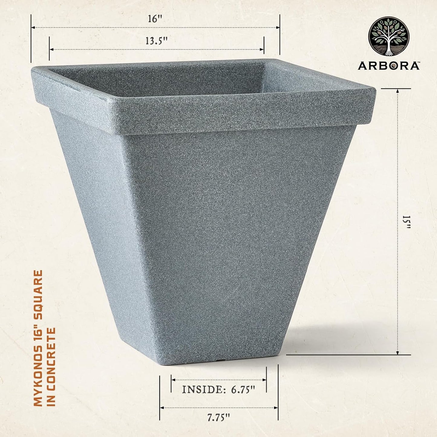 ARBORA 16" Mykonos Square Polyresin Indoor and Outdoor Planter with Stone Blend Concrete Finish - Durable, Weatherproof, Lightweight, Large Plant Pot for Patio, Garden, Deck, Entryway