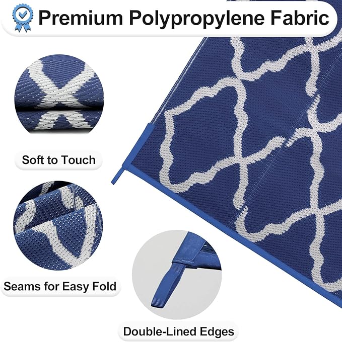 OutdoorLines Outdoor Plastic Area Rugs for Patio 5x8 ft - Reversible Outside Carpet, Stain & UV Resistant RV Mats, Straw Rug for Camping, Deck Garden, Porch and Balcony, Moroccan Navy & Light Grey