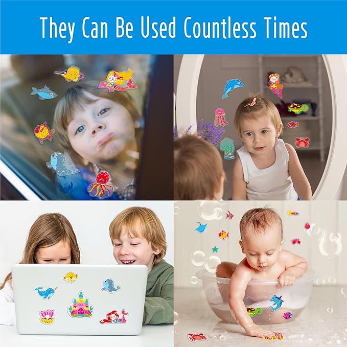 41PCS Marine World Jelly Stickers, Mermaid and Ocean Creatures Thick Window Door Decors Removable Reusable Gel Clings Decals for Kids Toddlers Kids Home Classroom Animal Party Supplies (Not Edible)