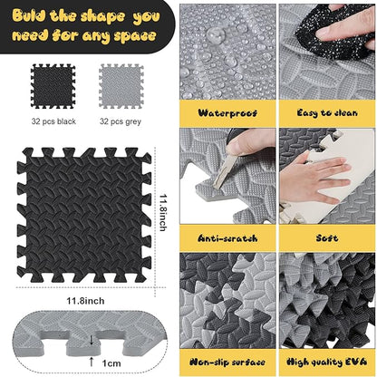 Shihanee Foam Floor Baby Tiles Foam Floor Mats Play Mats Bulk with Borders Interlocking for Kids Baby Playroom Nursery Gym (Black, Gray,64ft)