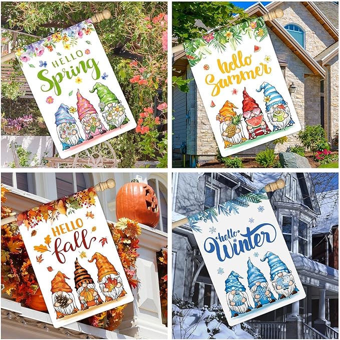 12 Pcs Three Gnomes Seasonal Large Garden Flags Double Sided Seasonal Truck Garden Flags for All Seasons Set of 12 Spring Easter Valentine Halloween Christmas Holiday Yard Decoration, Welcome Outdoor
