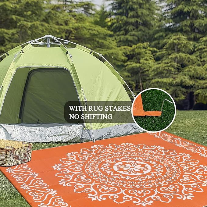 Pauwer Waterproof Outdoor Rug 6x9, Reversible Plastic Straw Patio Camping Rug, Indoor Outdoor RV Mat Carpet for Deck, Camper, Porch, Balcony, Backyard, Picnic, Floral Orange