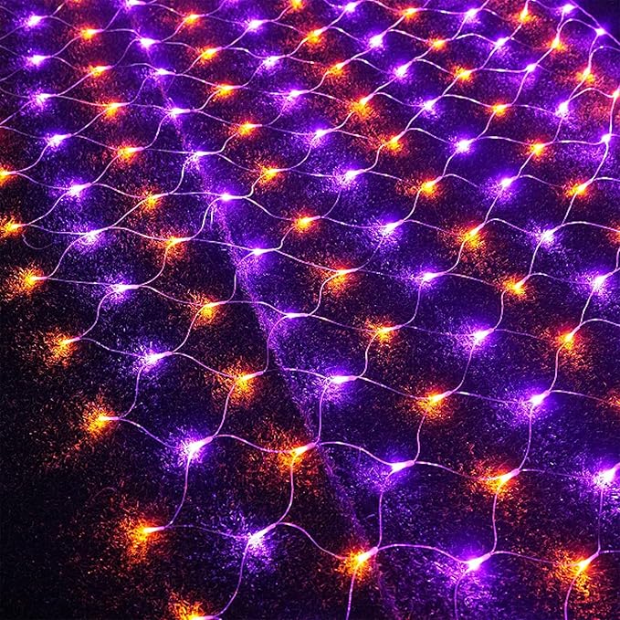 WATERGLIDE Outdoor Halloween Net Lights, 12FT x 5FT 360 LED Fairy String Light with 8 Lighting Modes, Connectable Light Safe Adaptor for Garden Tree Bushes Holiday Party Decorations, Orange & Purple