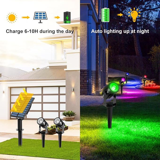 T-SUNUS Color Changing Solar Spot Lights, RGB LED Landscape Lights IP65 Waterproof for Outdoor, Garden, Pathway, Trees