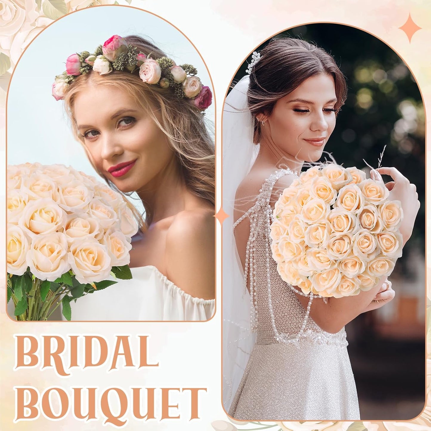 36 Pcs Champagne Artificial Roses with Long Stems, Fake Silk Rose Artificial Flowers Bulk for Bridal Wedding Bouquet Centerpiece Ball Arrangement Party Decor