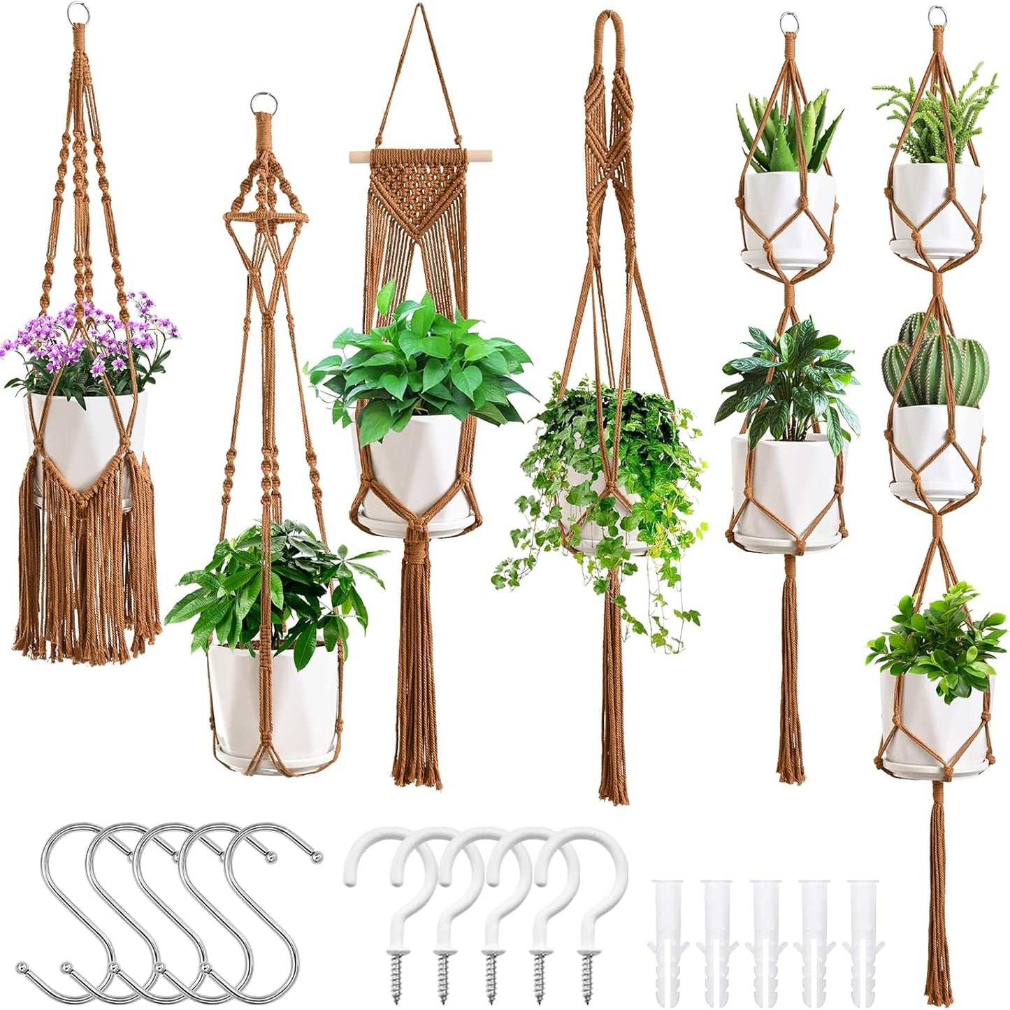 Macrame Plant Hangers, 6Pack Hanging Planters for Indoor Plants w/ 6 Set Hangers Kit Handmade Macromay Plant Hangers Indoor Flower Pots Holder Stand for Boho Home Décor (POTS NOT Included)