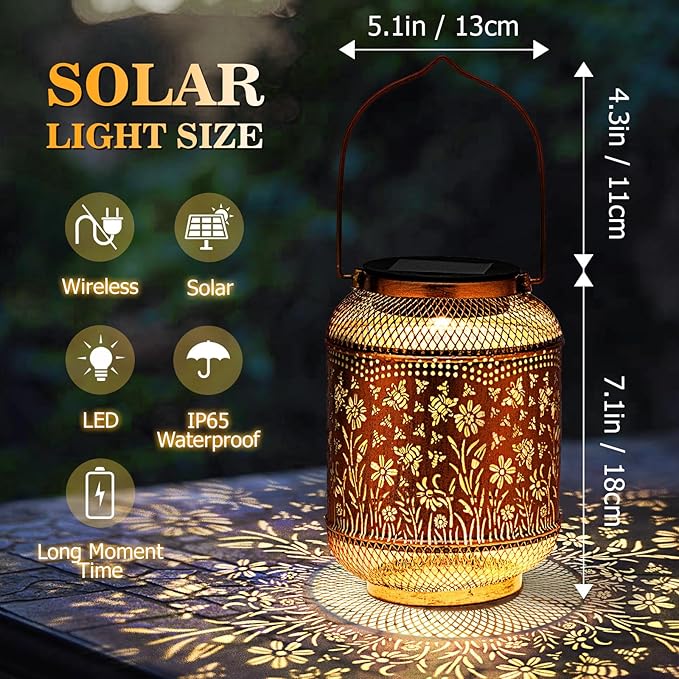 Solar Lanterns Outdoor Waterproof, Bee Garden Decor Hanging Lights, Metal Solar Lantern for Yard, Patio, Lawn, Pathway, Birthday & Gardening Gifts for Women, Mom, Grandma