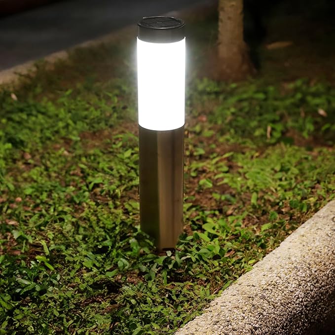 TECHKO Stainless Steel Outdoor Solar Bollard Path Lights (2-Pack), Solar Cylinder Pathway Lights (Stainless Steel)