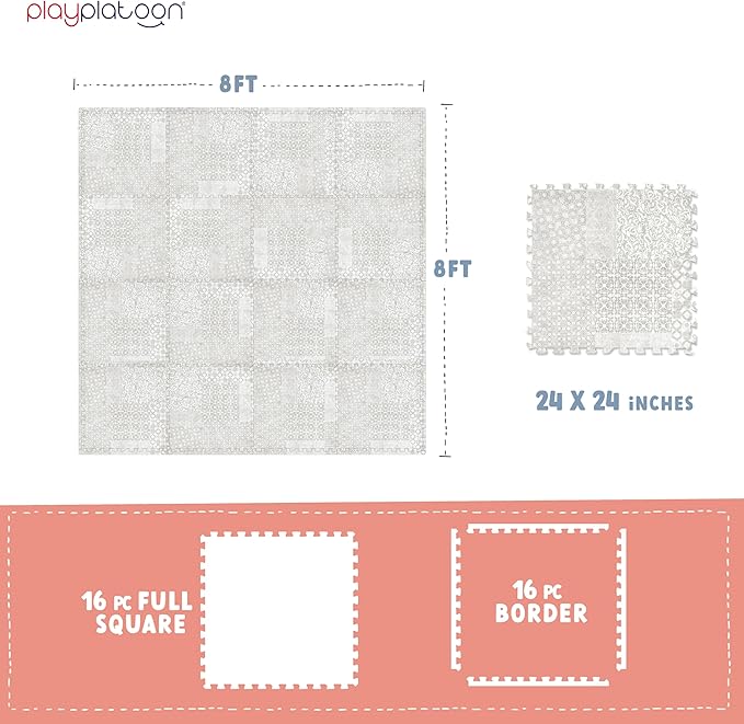Play Platoon Non-Toxic Extra-Thick Children's Play Mat, 16 Tile - 96 x 96 inch Comfortable Cushiony Foam Floor Puzzle Mat for Kids & Toddlers with 24 x 24 inch 5/8 in Thick Tiles - Khaki, Boho Modern