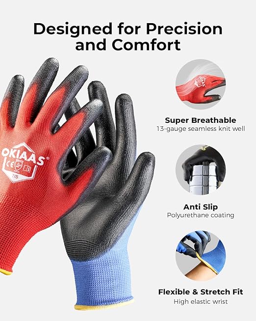 OKIAAS Men's Ultra-Thin and Lightweight Working Gloves with Grip, 12 Pairs, Black, Small