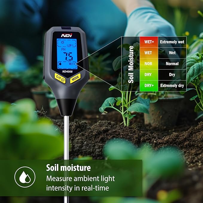 NDI Soil Moisture Meter,5-in-1 Soil Test Kit Tool with Moisture,Light,PH,Temperature and Salinity for Gardening, Farm, Lawn, Indoor & Outdoor Plants.