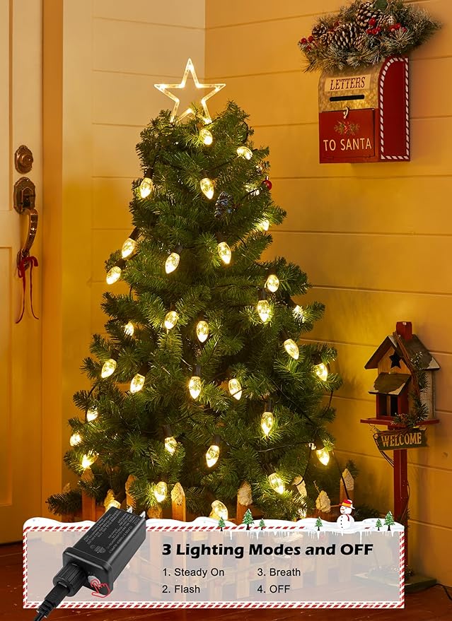 C9 LED Christmas Lights Outdoor, 25 Ft C9 String Lights with 20 Shatterproof LED Bulbs, 3 Light Mode, Connectable Waterproof Christmas Tree Lights for Outside Indoor Holiday Garden Decor, Warm White