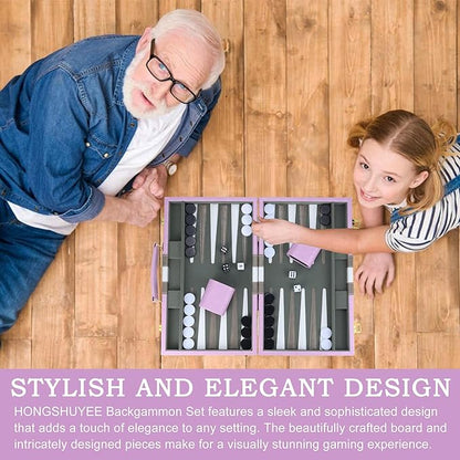 Backgammon Sets for Adults, 15 inch Backgammon Purple Sets Classic Board Game with Premium Leather Case, Portable Travels Strategy Backgammon Game Set for Adults, Kids (Purple)