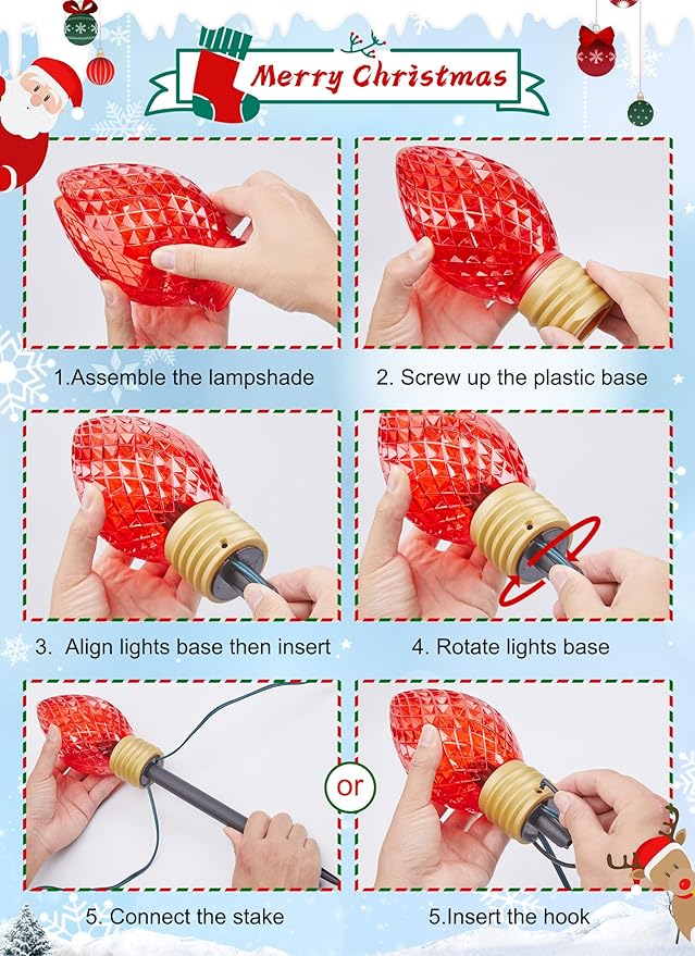 Brightown 2 Pack Strawberry Jumbo C9 Christmas Pathway Lights Outdoor Decorations Lawn,Total 17 Ft 10 LED String Lights Covered Jumbo Multicolored Walkway Lights Bulb for Holiday Outside Yard Decor