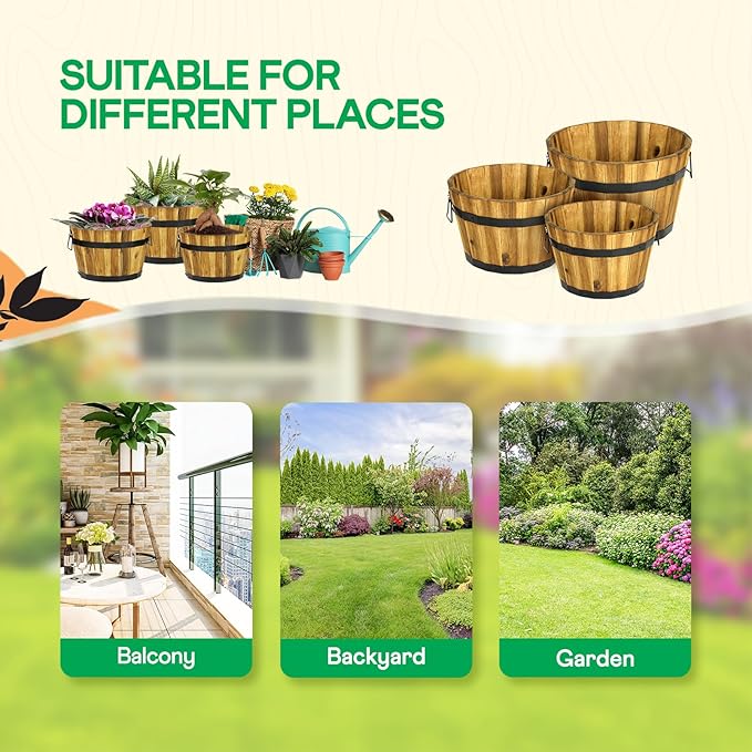 IDZO Set of 3 Wooden Flower Planters for Outdoor Plants, Acacia Wood Barrel Planters, Ergonomic Handles, Drainage Holes, Various Sizes, Golden Teak