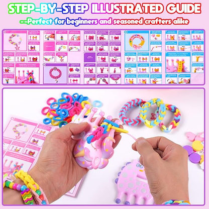 Kids Art and Craft Kit, DIY Bracelet Making Kit for Kids Age 6+ Years Old, 1200+ Colorful Hair Ties Rubber Band Bracelet Make Toy with Unicorn Giraffe Weaving Comb, Organizer Case, Gifts for Girls