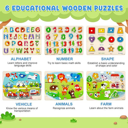 6 Pack Wooden Puzzles for Toddlers, Peg Toddler Puzzles Include Alphabet Number Shape Animals Vehicle Farm Puzzles with Storage Rack Preschool Educational Learning Toys for 1 2 3 4 5 Boys Girls