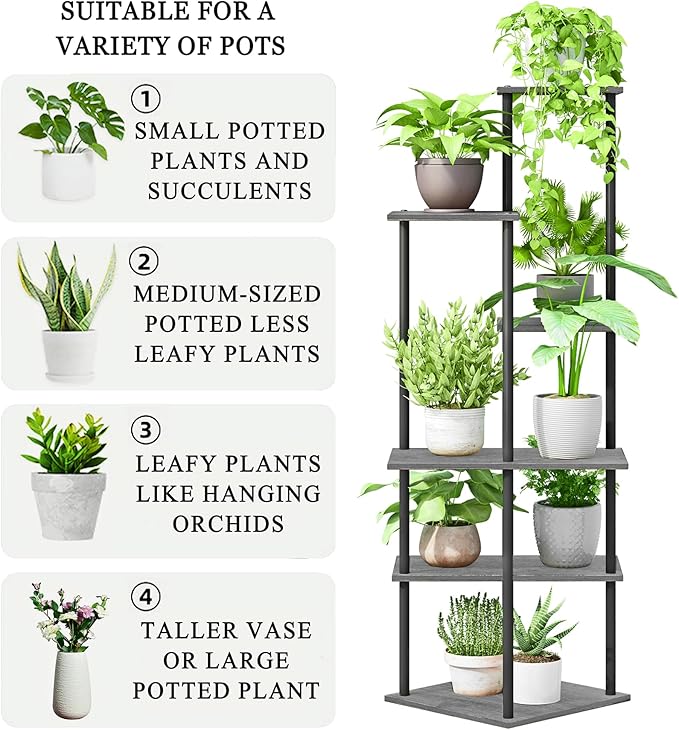 Plant Stand Indoor 6-Tier Metal Wood Plant Shelf for Multiple Flower Pots Corner Tall Flower Holders for Living Room Balcony Bedroom, Oak Grey