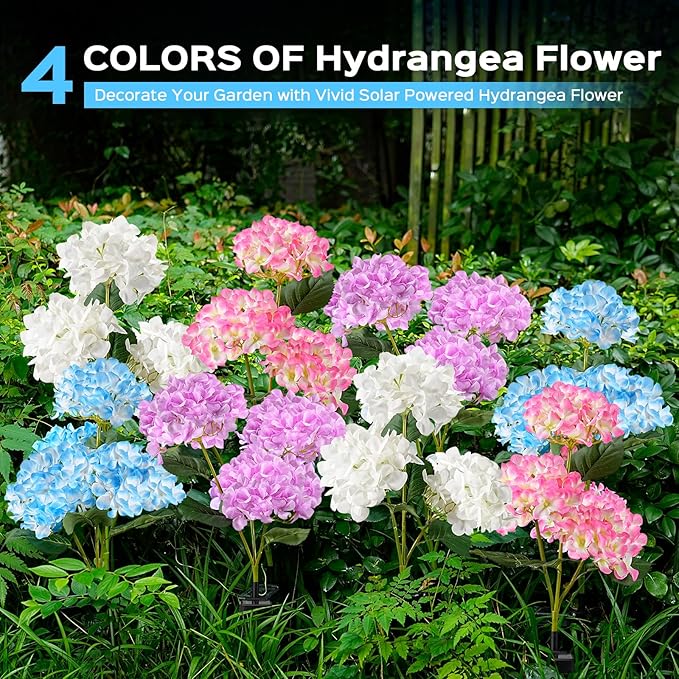 4 Pack Solar Garden Lights Outdoor, Colorful LED Waterproof Solar Powered Hydrangea Flowers Landscape Lights for Outside Yard, Patio, Pathway Decorative, Décor, Two Lighting Modes