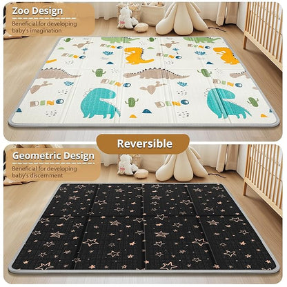 Foldable Baby Play Mat, PIGLOG 0.6in Thick Waterproof Playmats for Babies and Toddlers Kids, Safe Foam Playmat for Tummy Time, 50x50 Playpen Mat, Reversible Portable Floor Mat for Infant, Dinosaur