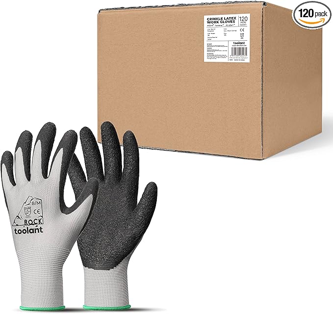 toolant Crinkle Latex Work Gloves Bulk, Rubber Coated Safety Work Gloves for Men and Women, 120 Pairs for Construction, Gardening, Warehouse (Gray, Medium)