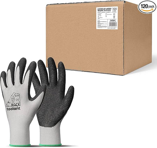 toolant Crinkle Latex Work Gloves Bulk, Rubber Coated Safety Work Gloves for Men and Women, 120 Pairs for Construction, Gardening, Warehouse (Gray, Medium)