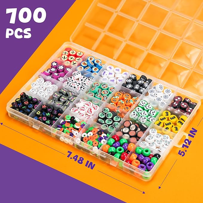 Gionlion 700 Pcs Halloween Polymer Clay Beads Bracelet Making Kit, Pumpkins Skulls Ghosts Spiders Bats Pony Letter Beads for Halloween Party Favors, Toys Gifts for 4+ Year Old Kids