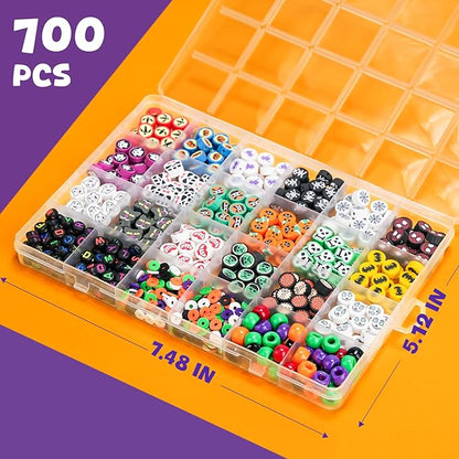 Gionlion 700 Pcs Halloween Polymer Clay Beads Bracelet Making Kit, Pumpkins Skulls Ghosts Spiders Bats Pony Letter Beads for Halloween Party Favors, Toys Gifts for 4+ Year Old Kids