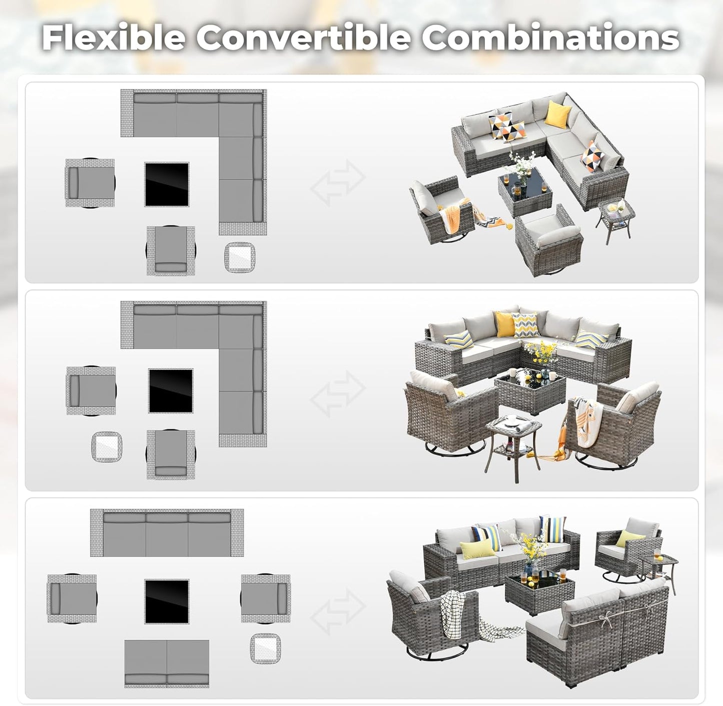 ovios 9 Pieces Patio Furniture Set, Outdoor Wicker Sectional Sofa with 2 Swivel Chairs Coffee Table, Modern Modular Deep Seat Rattan Couch Conversation Sets, Beige