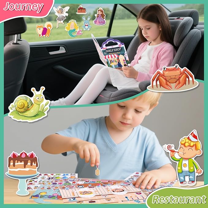 6 Set (260pcs) Puffy Sticker Books Activity for Girls, Fairytale Garden, Princess Party, Mermaid, Kids Zone, Girls' Shop, 3D Reusable Stickers, Travel Sticker Books for Kids Ages 3+