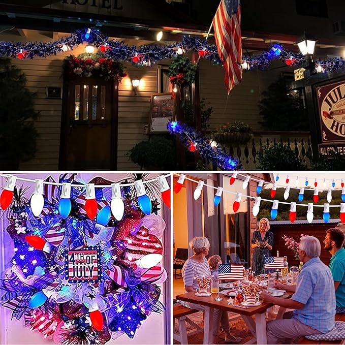 22.8 FT C7 LED 4th of July Decorations Lights with 20+3 Red White and Blue Lights Bulbs, Waterproof Outdoor String Light for Memorial Day Independence Day Patio Garden Bistro Patriotic Decor