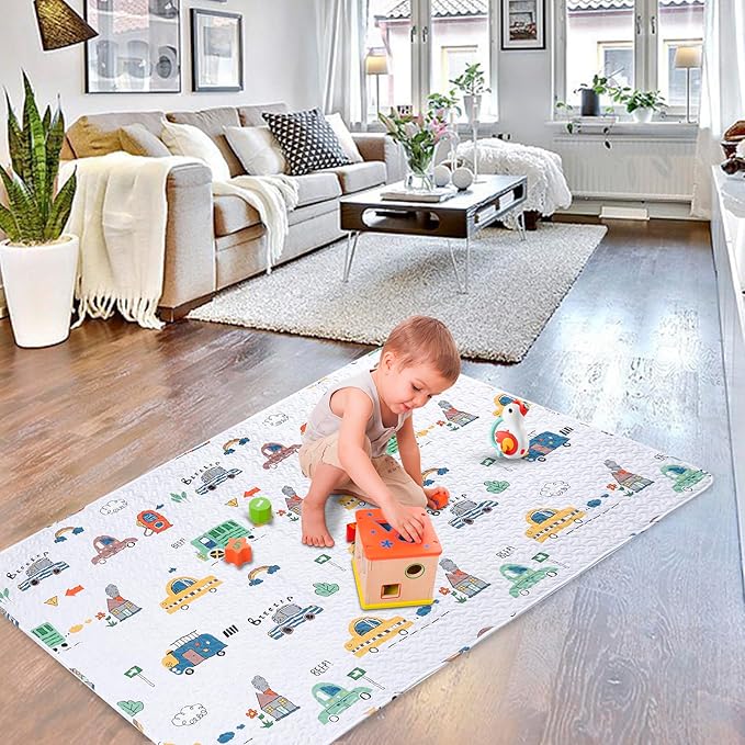 Washable Baby Play Mat for Babies 63x43” Portable, Foldable Toddler Playpen Non-Slip Baby Tummy Time Mat, Soft Floor Play for Infants Extra Large Crawling Mats Car