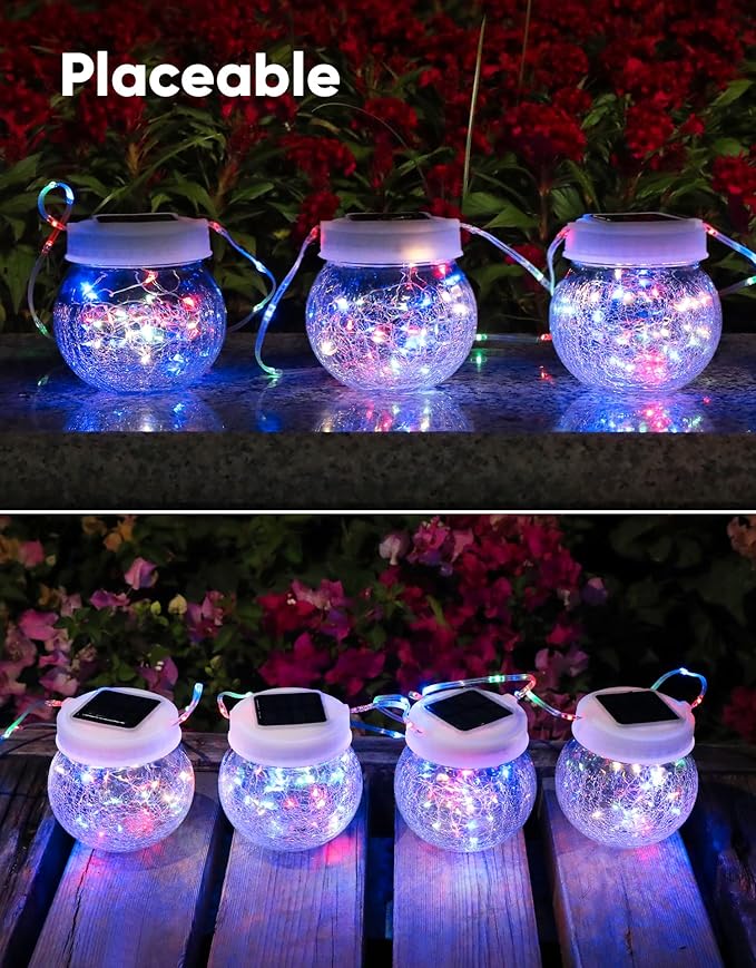 Solar Lantern Solar Lights Outdoor Waterproof 2-Pack, Solar Powered Hanging Lights Cracked Glass Hanging Globes for Christmas Decoration, Shepherd Hook, Garden Tree Ornaments,White Cap, Multi-Color