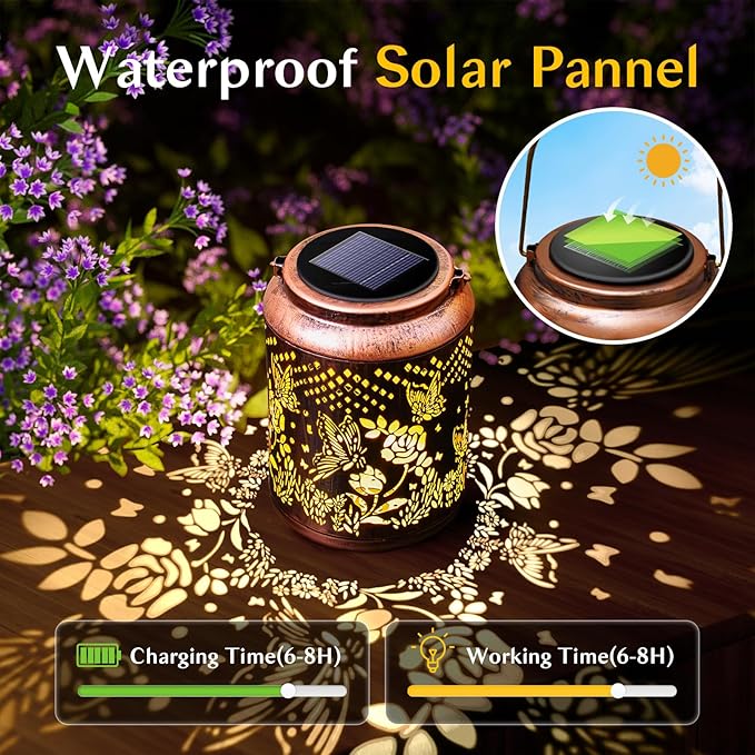 Hyriony Butterfly Solar Lanterns Outdoor Waterproof Metal Hanging Lights, Garden Decor Gifts for Women, Mom, Grandma Solar Decorations for Yard, Patio, Backyard, Porch, Lawn, Walkway, Tabletop
