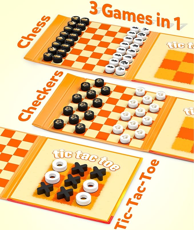 Coogam Magnetic Travel Chess Board Game, 3 in 1 Tic-Tac-Toe Checkers Set, Indoor Outdoor Activity Travel Toy Gift for Family Friends Party Favor