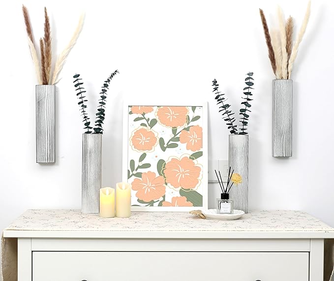 Wood Wall Planter 4 Pack Wall Decor for Artificial Flower Plants Wooden Plants Holders Wall Plant Pocket Vase Hanging for Living Room Bedroom Dining Room Bathroom Indoor Decroation (Light Grey)