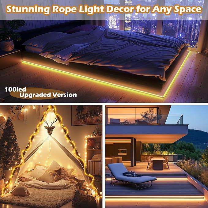 Solar Rope Lights Waterproof 39FT 100LEDs,High Capacity Rechargeable Battery,Dual Charging,Outdoor String Light,Remote-Control,for Pathway Patio Garden Palm Tree Christmas (Brighter - Warm White)