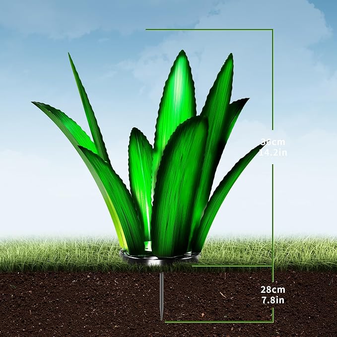 Upgraded Large Metal Yard Art, Metal Agave Plant Yard Decorations Outdoor Sculpture, Metal Flowers for Outside, Waterproof Outdoor Garden Decor (Blue (W/Solar Light))