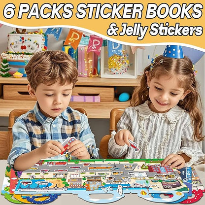 6 Sets Reusable Sticker Books for Toddlers, Jelly Sticker Books for Toddlers, Toddler Travel Toys for Kids 3 4 5 Year Old Girls Boys